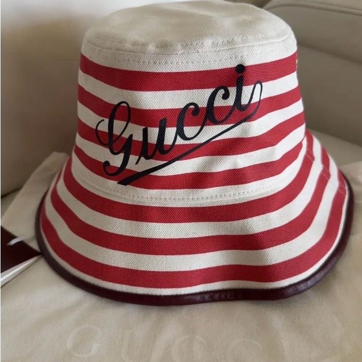 Gucci Red And White Striped Logo Bucket Hat